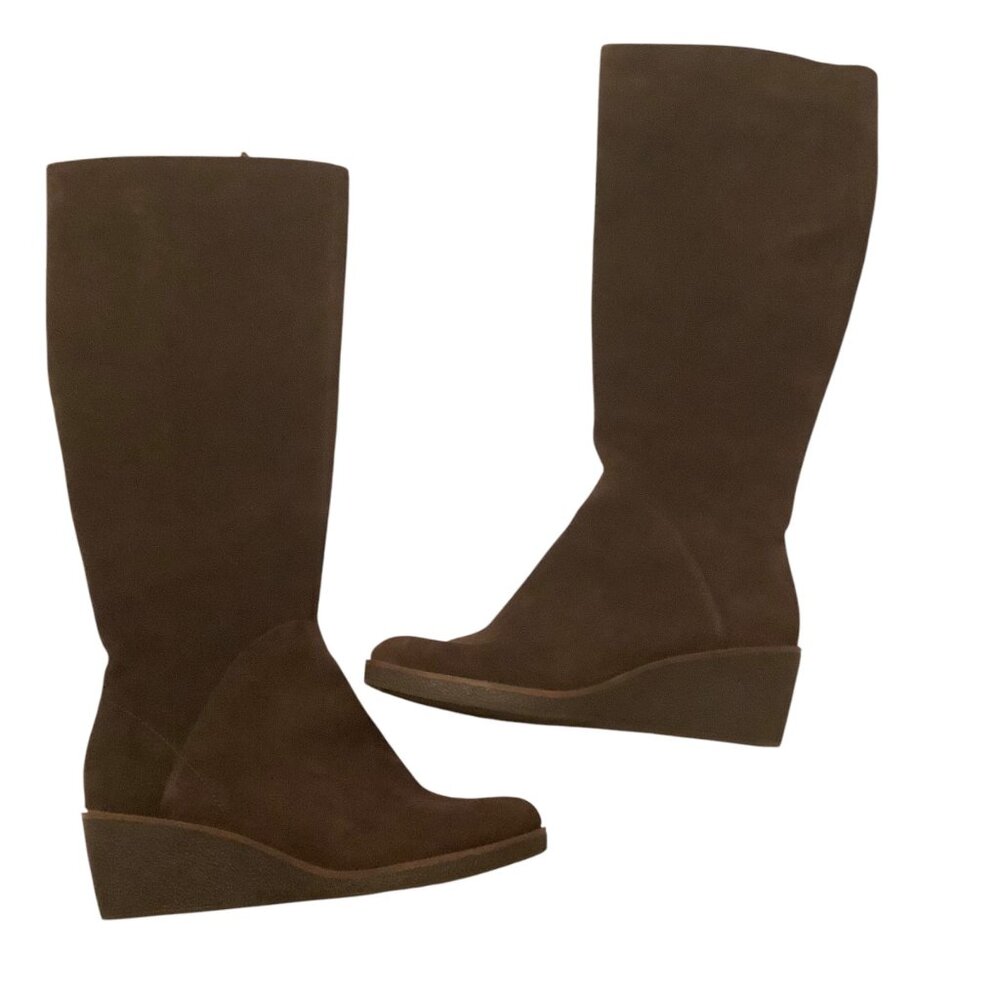 Aerosoles Heelrest Women 7.5 Brown Suede Knee-High Wedge‎ Boots Zipper Closure